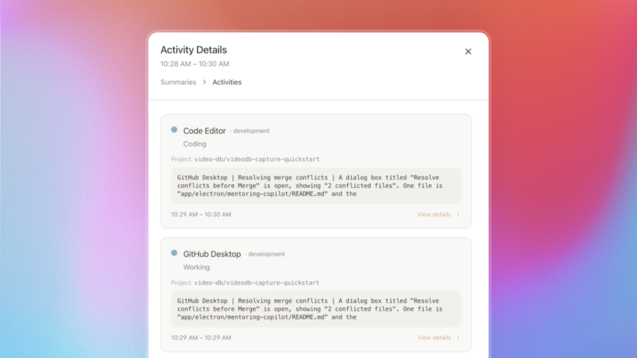 Focusd activity details showing app-level work context