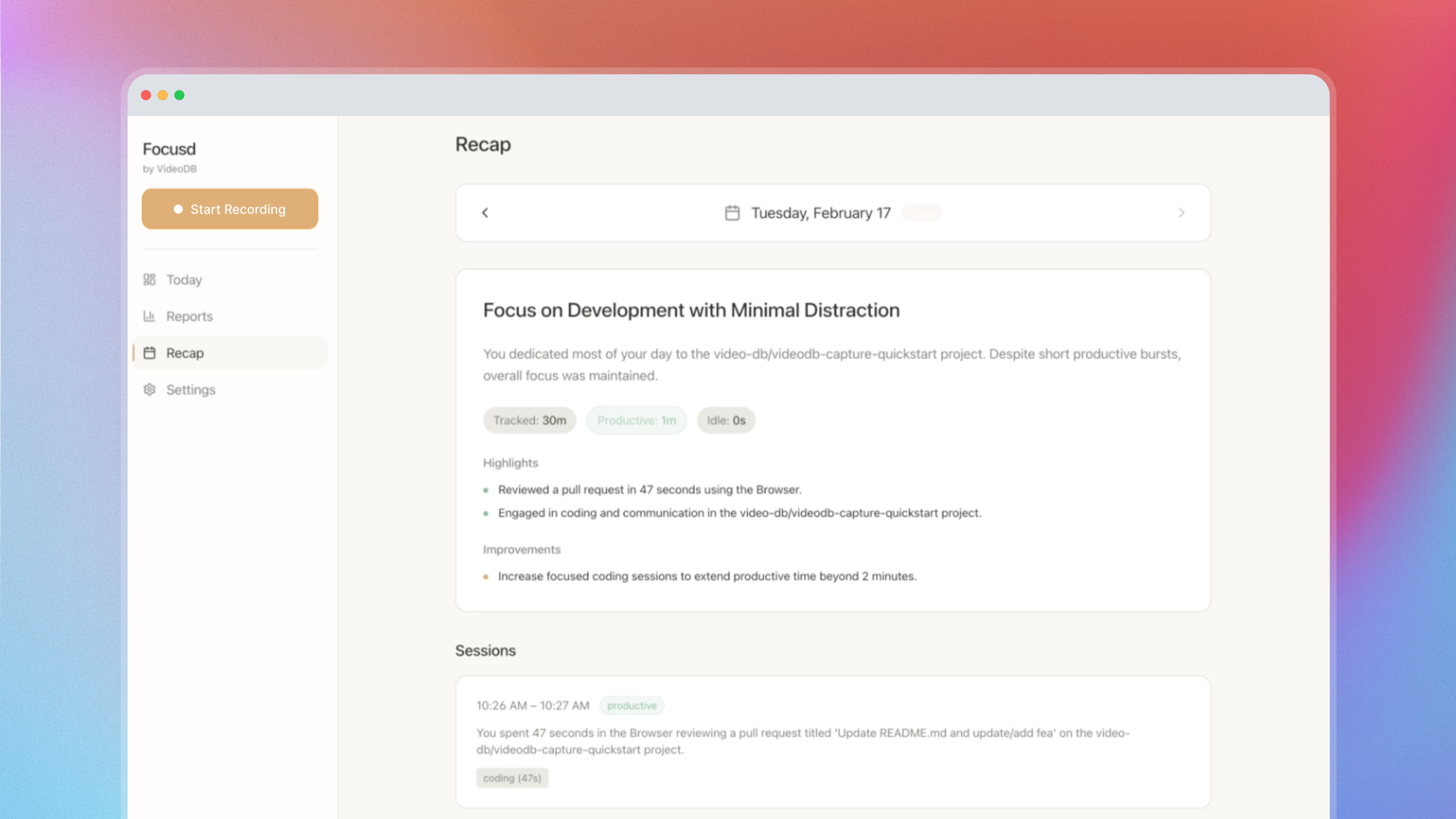 Focusd daily recap with highlights, improvements, and session cards